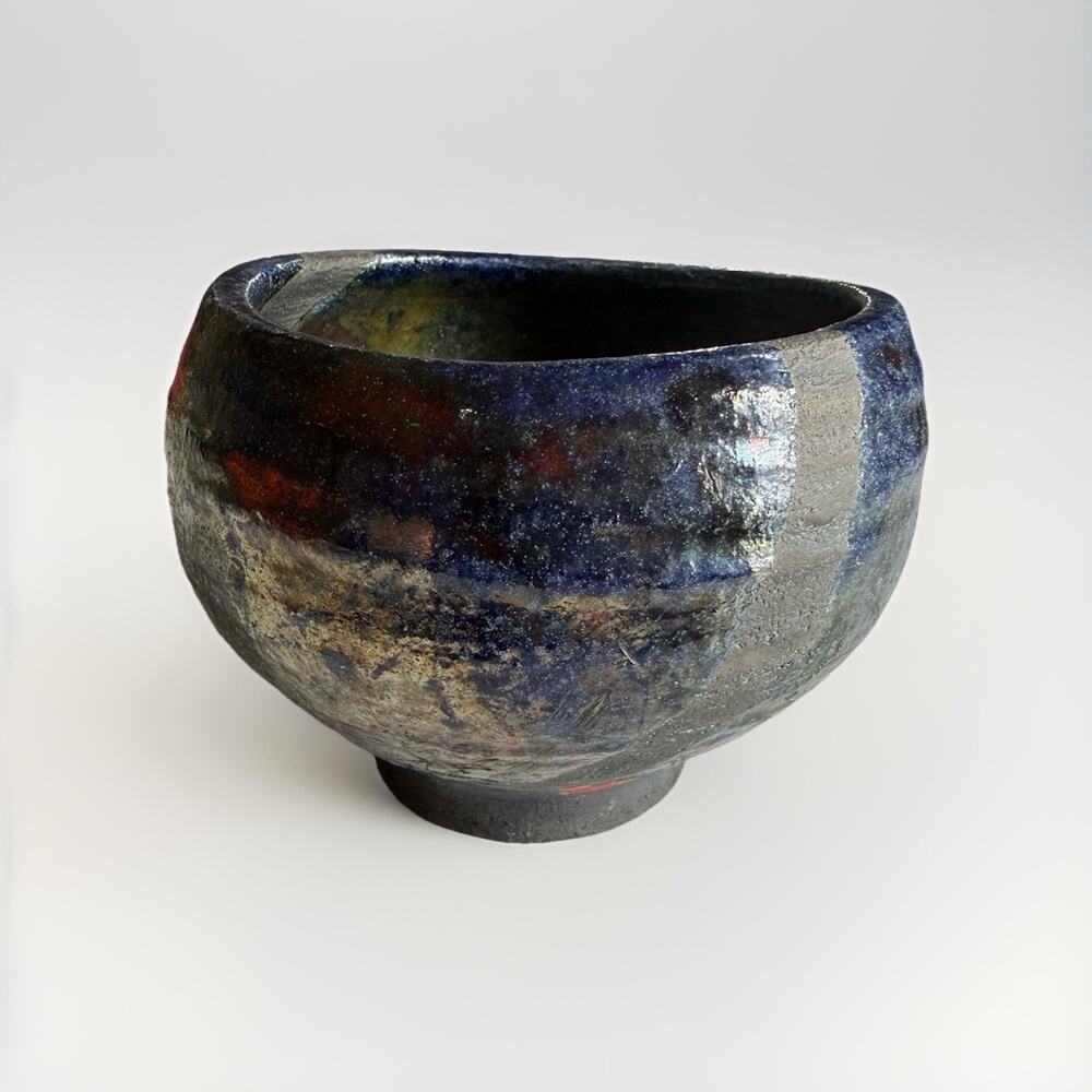 Raku Art Pottery Copper Blue Iridescent Bowl Trinket Dish Signed 4x3”
